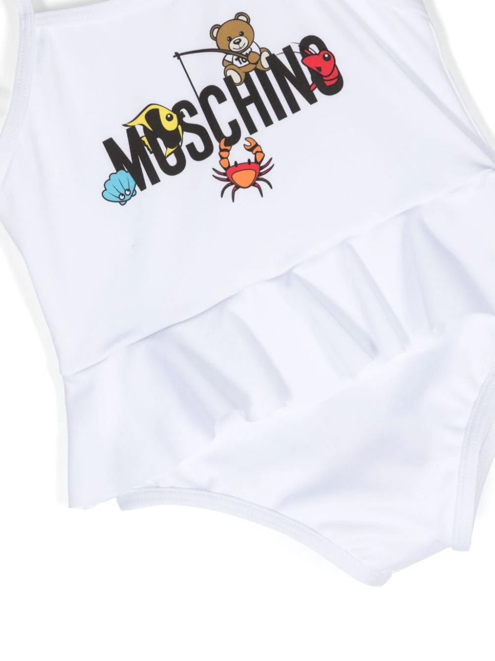 White One Piece Swimsuit With Logo And Teddy Bear With Fish